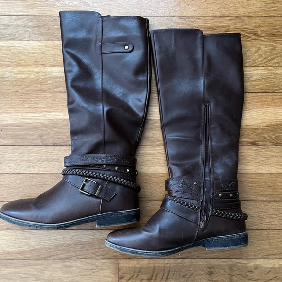 Rampage RAM-TICKER Brown Boots Women's 8 1/2 M Side-Zip With Studs Braided - Picture 2 of 6